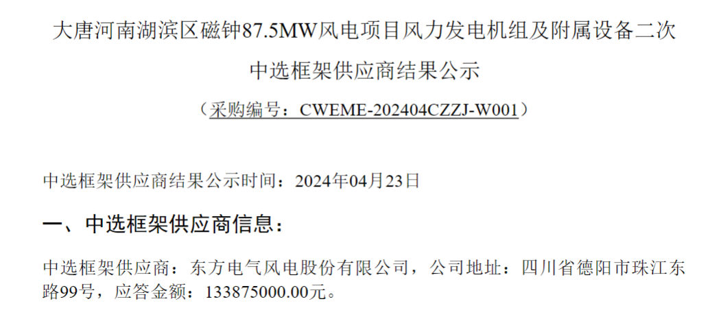 大唐4個風電項目中標公示